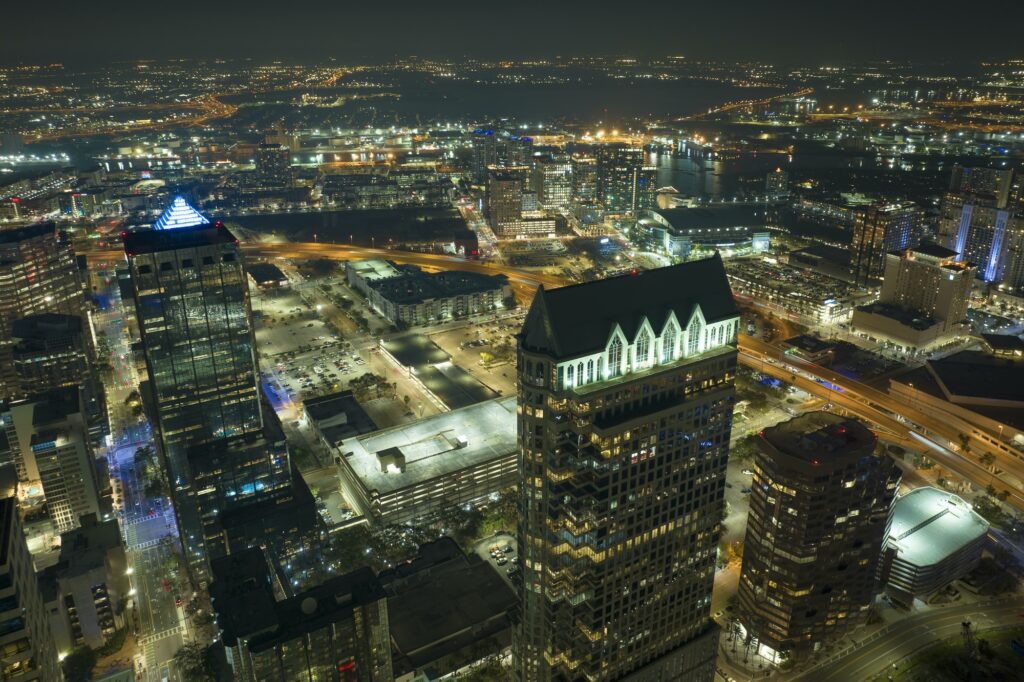 Aerial view of downtown district of Tampa city in Florida USA