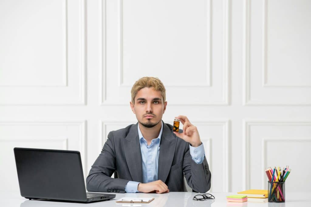 ADHD handsome stressed worker in the office behind desk with computer with medication