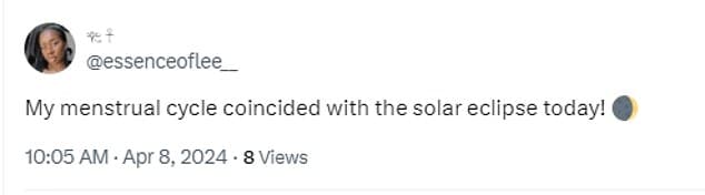 Some women have shared that their menstrual cycle synced with April 8's event, but there is no scientific evidence to support there is a connection