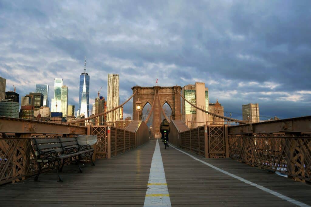 Activity at Brooklyn Bridge Early in the Morning New York City