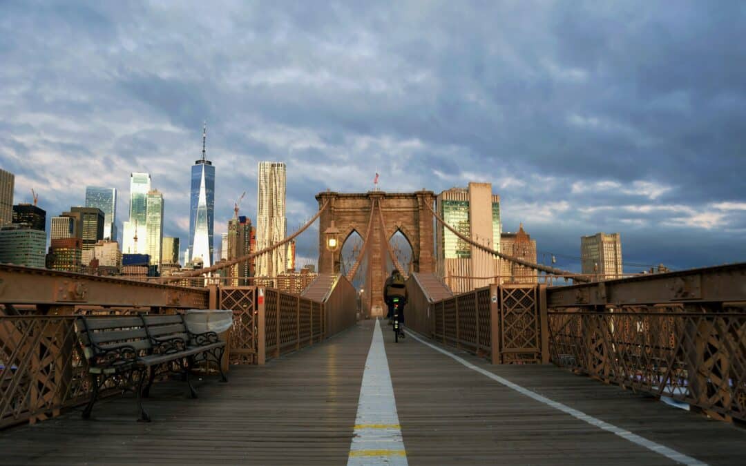 Activity at Brooklyn Bridge Early in the Morning New York City