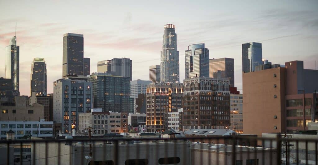 View Of Los Angeles Skyline At Sunset